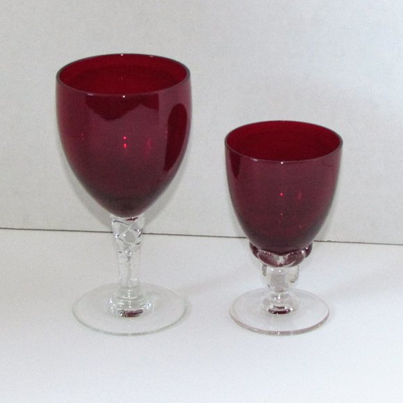 2 Different Vintage Ruby Red Goblets Clear Fancy Stem Small Elegant Wine Glasses - Picture 1 of 5